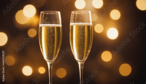 New Year's and Christmas celebration background with fireworks, champagne glasses
