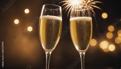 New Year's and Christmas celebration background with fireworks, champagne glasses