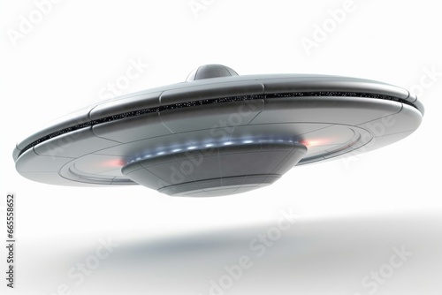 Flying UFO on white background, frontal perspective, computer-generated image. Generative AI