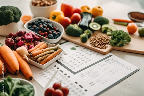 A nutritious meal plan displayed on a table in a home, consisting of vegetables and wholesome snacks. Generative AI
