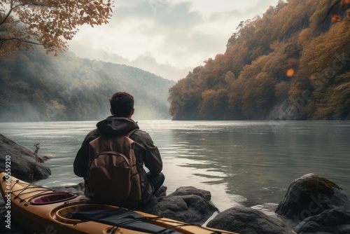 A man is seen sitting on a rock next to a kayak. This image can be used to depict outdoor activities and adventure sports