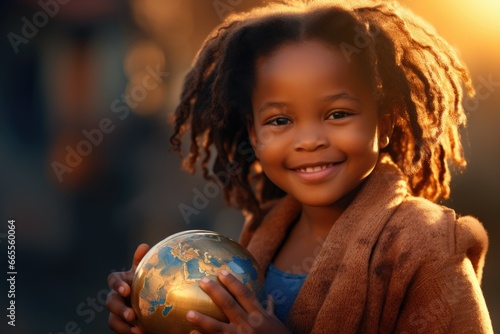 A young girl holding a globe in her hands. This image can be used to represent curiosity, education, and global awareness.