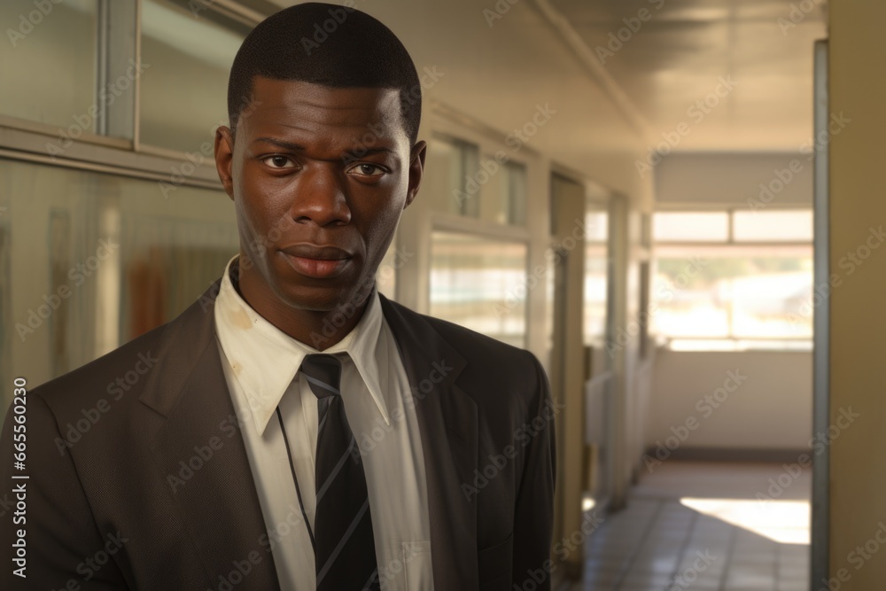 A professional man dressed in a suit and tie standing in a hallway. This image can be used to represent professionalism, business, or a corporate setting. A professional man dressed in a suit and tie standing in a hallway. This image can be used to represent professionalism, business, or a corporate setting.