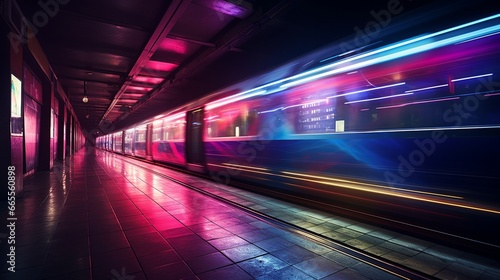 A dynamic long exposure of sleek, high - speed trains with neon accents racing through a futuristic metropolis at night