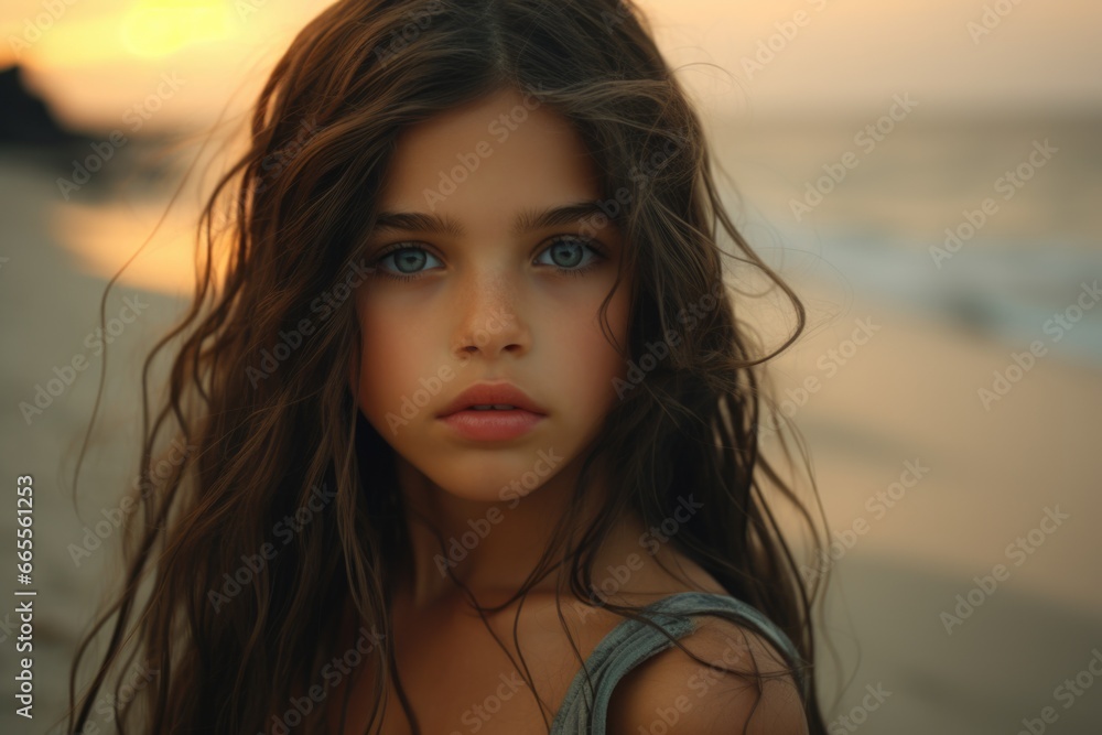 A picture of a young girl with long hair standing on a beach. This image can be used to depict the beauty of nature and the freedom of the outdoors