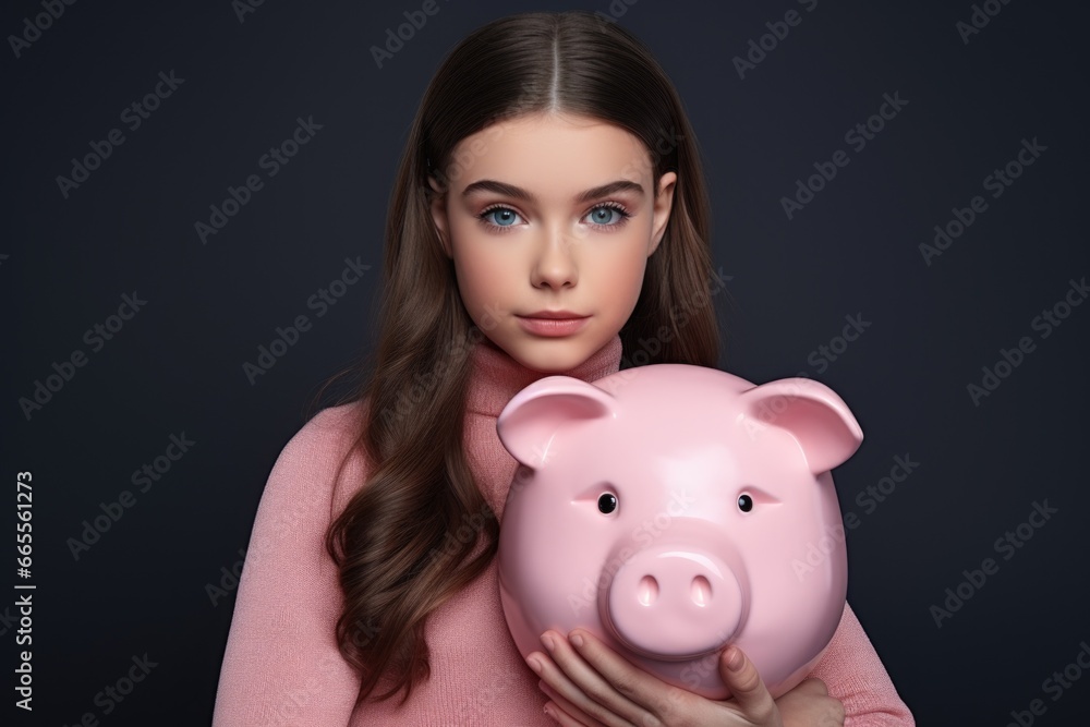 A woman holding a pink piggy bank. This image can be used to illustrate concepts related to savings, finance, budgeting, and personal finance advice A woman holding a pink piggy bank. This image can be used to illustrate concepts related to savings, finance, budgeting, and personal finance advice