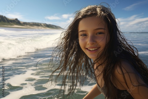 A young girl with a smile on her face is riding a surfboard in the ocean. This image can be used to depict the joy and excitement of surfing
