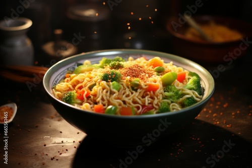 Tasty instant noodles with vegetables food in bowl. Eating fast food water soup. Generate Ai