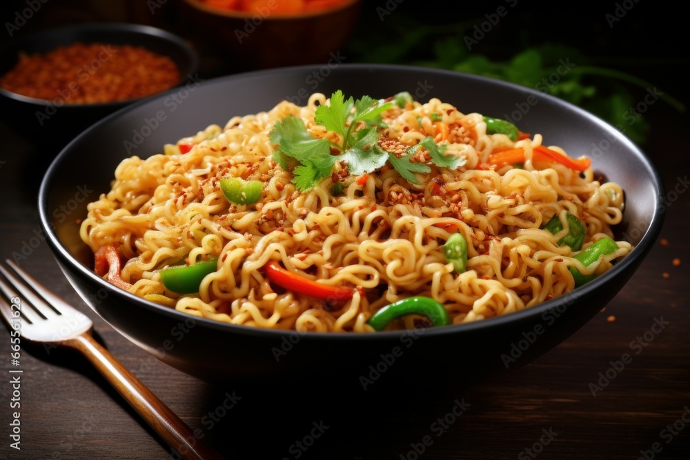 Tasty instant noodles with vegetables in bowl. Asia hot pasta lunch. Generate Ai Tasty instant noodles with vegetables in bowl. Asia hot pasta lunch. Generate Ai