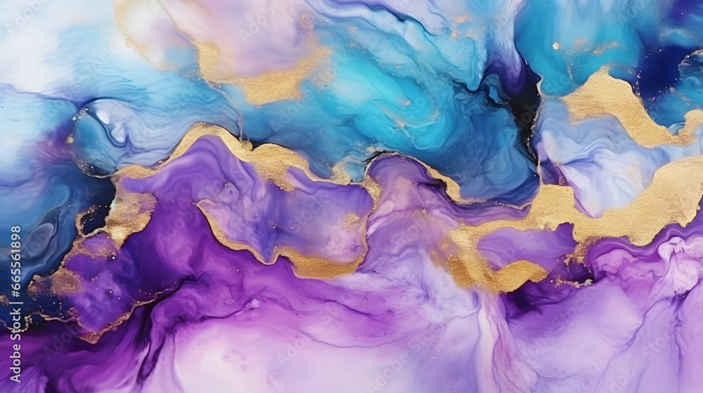 
Ethereal Fluid Art Composition. Ethereal abstract with flowing blends of blue, purple, and gold in alcohol ink style, ideal for sophisticated decor, artistic wallpapers, and modern art inspiration.