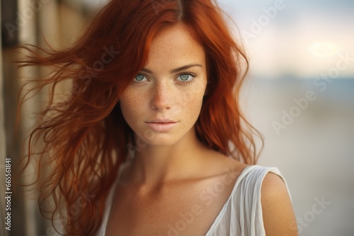 A woman with striking red hair and captivating blue eyes. This image can be used to represent beauty, diversity, and confidence