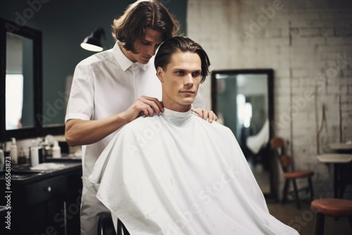 A man sits in a barber chair, getting his hair cut by a professional barber. This image can be used to depict a grooming session or a visit to a barber shop