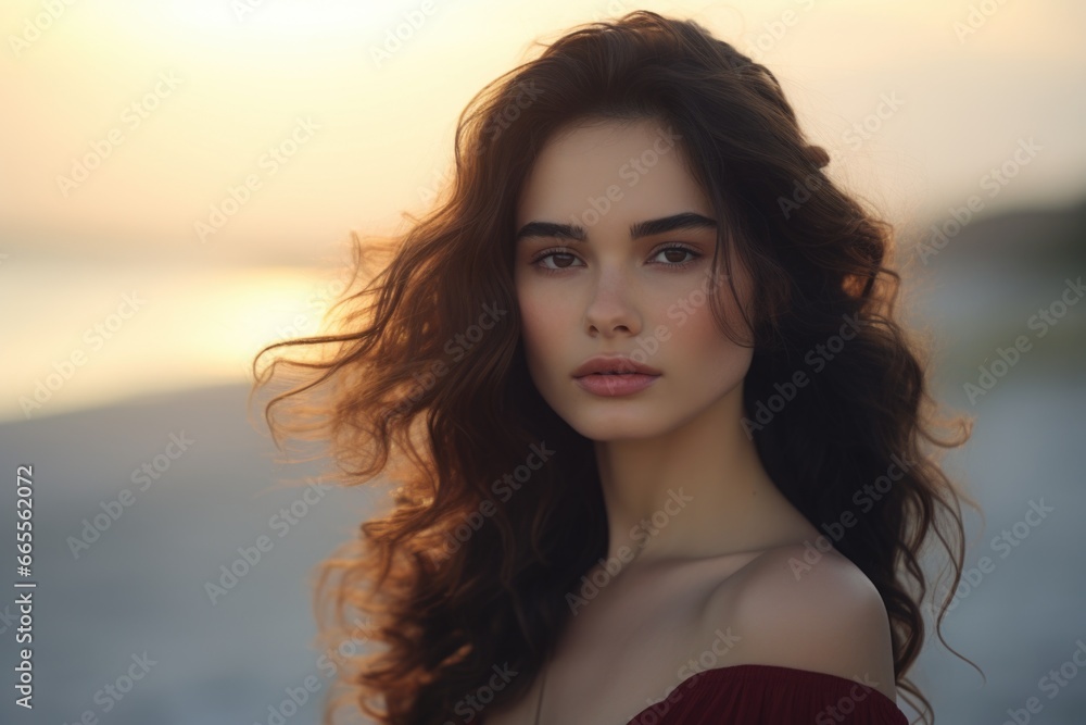A woman with long hair standing on a beach. This image can be used to depict relaxation, vacation, or the beauty of nature A woman with long hair standing on a beach. This image can be used to depict relaxation, vacation, or the beauty of nature