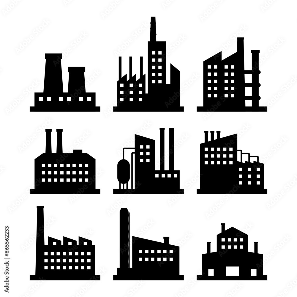 Factory building set, city industry and business silhouette. Architecture and commercial building. Vector industrial buildings on white background, Industrial Factory Buildings Icons