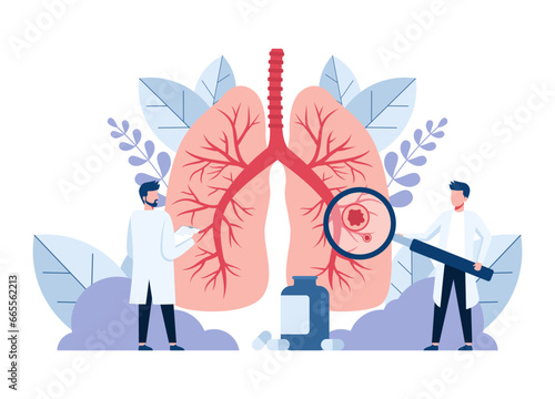 Pulmonology. Doctors examining lungs. Tuberculosis, pneumonia, lung cancer treatment or diagnostic, Lungs healthcare vector concept. Examining human organ, clinic diagnostic or check