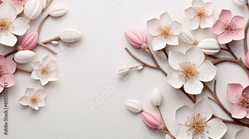 Pastel colored flowers on a white background in corners. For use in various design work, 3D rendering. abstracts.