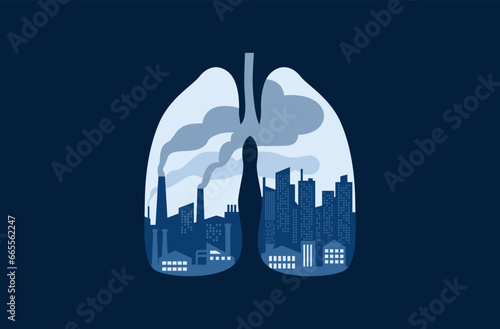 Air pollution from factory chimneys,  smoke inside abstract human lungs vector illustration. Cartoon industrial city landscape, environmental problem concept vector illustration