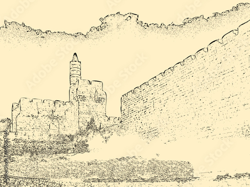 Israel. Jerusalem. Old city. The Tower of David. drawing of a pencil on yellow paper photo