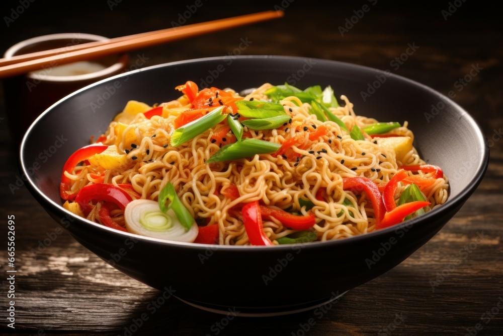 Tasty instant noodles with vegetables in bowl eating food. Asian meal cuisine plain. Generate Ai Tasty instant noodles with vegetables in bowl eating food. Asian meal cuisine plain. Generate Ai