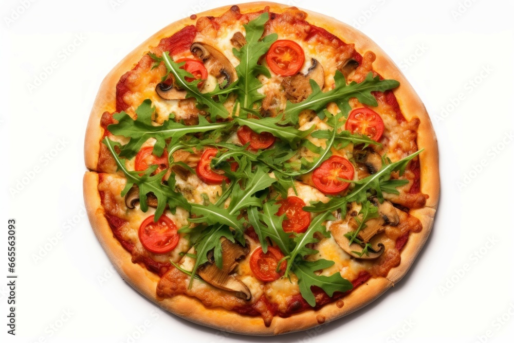 Tasty pizza with vegetables and arugula salad. Snack dinner meal fresh food. Generate Ai