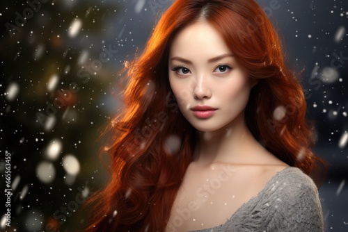 Woman with Long Red Hair in the Snow