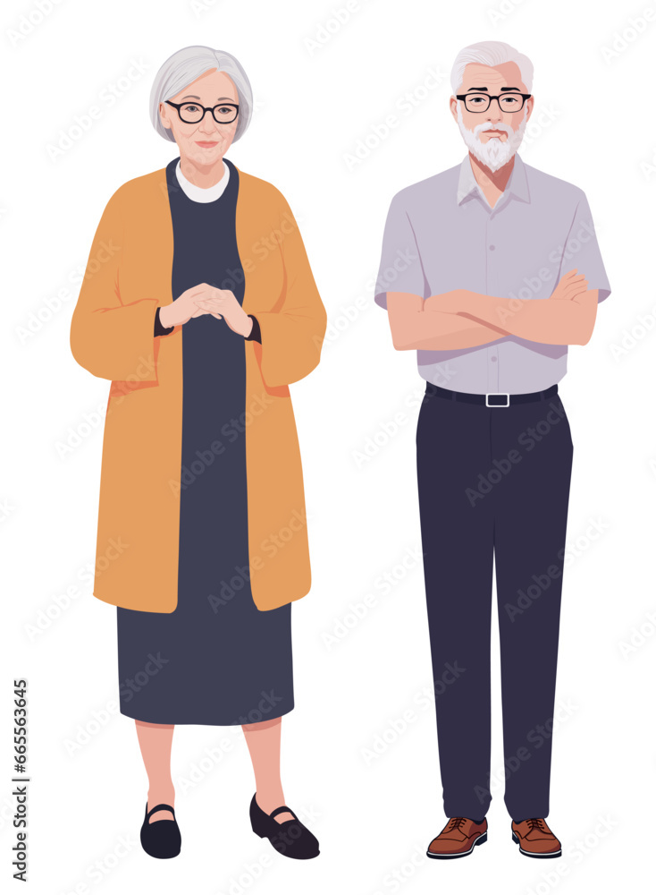 Fototapeta premium Elderly couple standing together in flat design