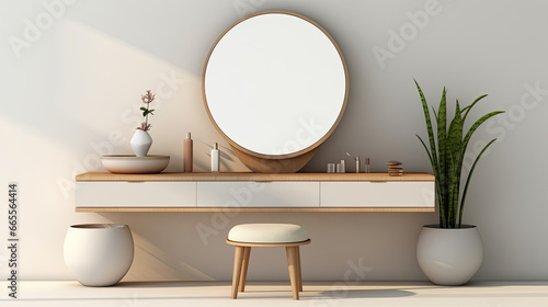 A stylish and modern dressing table featuring a round mirror is showcased in a realistic render. The dressing table is empty, providing ample space for the display of beauty, makeup, cosmetic