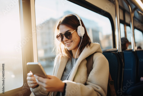 A young woman listens to a podcast with headphones while sitting on a bus.