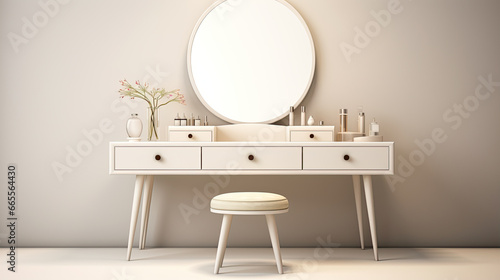 A stylish and modern dressing table featuring a round mirror is showcased in a realistic render. The dressing table is empty, providing ample space for the display of beauty, makeup, cosmetic