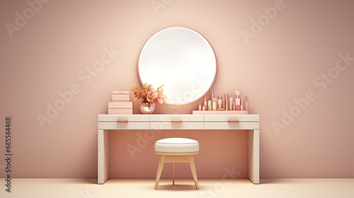 A stylish and modern dressing table featuring a round mirror is showcased in a realistic render. The dressing table is empty  providing ample space for the display of beauty  makeup  cosmetic