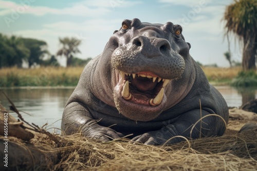 A relaxed hippo lying on the ground near a body of water. This image can be used to depict the peacefulness and tranquility of nature
