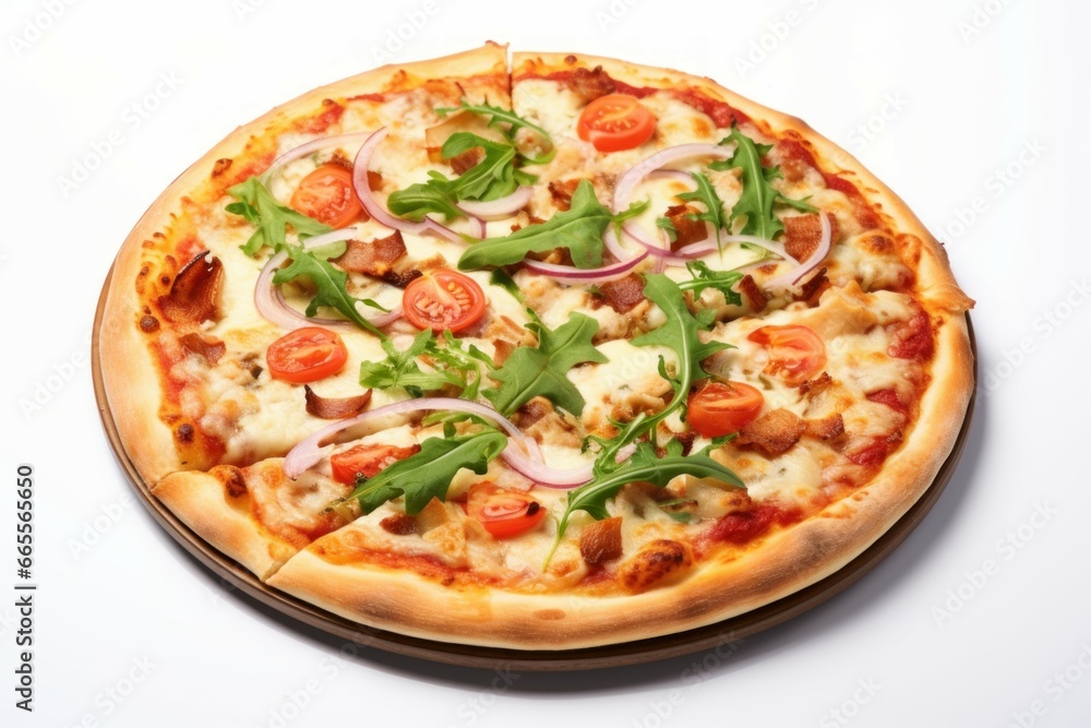 Tasty pizza with vegetables and arugula salad fast dinner meal. Rustic diet italian food. Generate Ai Tasty pizza with vegetables and arugula salad fast dinner meal. Rustic diet italian food. Generate Ai