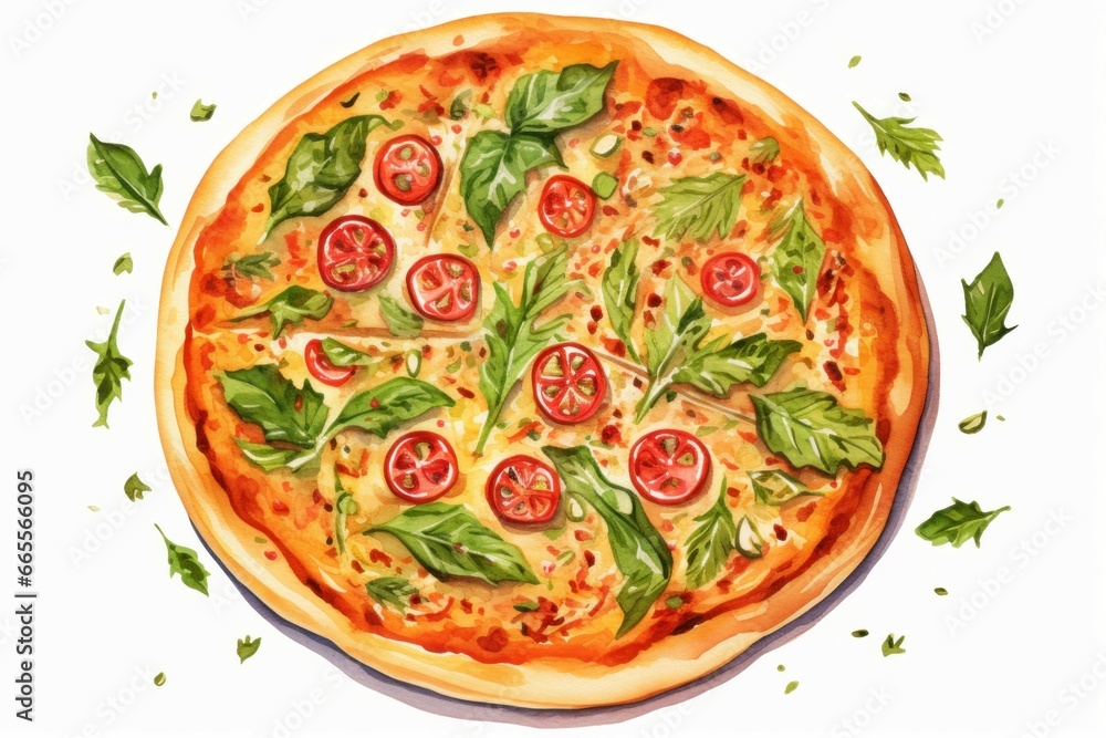 Tasty pizza with vegetables and arugula salad with red tomatoes. Delicious italian fast food. Generate Ai Tasty pizza with vegetables and arugula salad with red tomatoes. Delicious italian fast food. Generate Ai