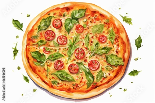 Tasty pizza with vegetables and arugula salad with red tomatoes. Delicious italian fast food. Generate Ai