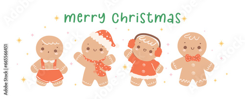Cute and Kawaii retro Christmas Gingerbread boy Cartoon Character collection, idea for banner and greeting card