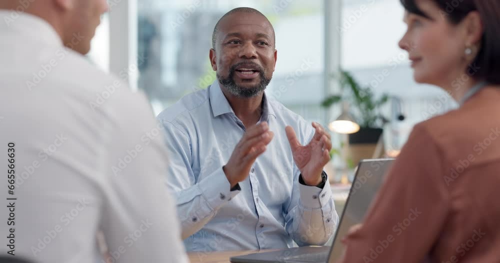 Financial advisor, couple and consultation with computer asset management, offer and choice for investment. Professional advisor or man talking to clients of benefits, insurance and sign up in office