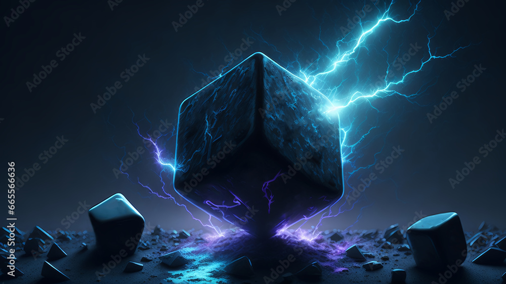 A stone figure. Dark gloomy background. Neon lightning bolt. Fantasy. AI A stone figure. Dark gloomy background. Neon lightning bolt. Fantasy. AI