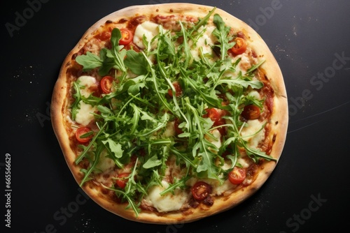 Tasty pizza with vegetables and arugula salad on table. Home nutrition baked with crust. Generate Ai