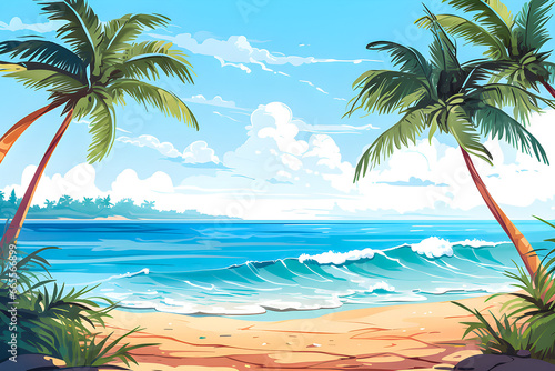 illustration of a sandy beach shore with tropical palm trees and blue sky   generative AI