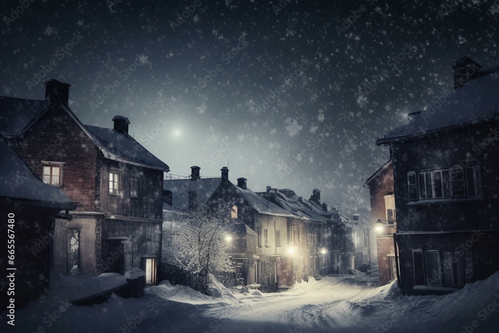 Picture of snowflakes falling over snow-covered houses at night. Generative AI