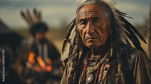 Native American Blackfoot chief wearing traditional clothing and and feathers photo
