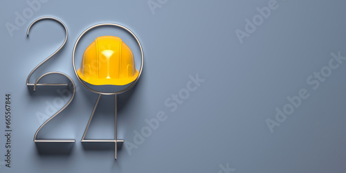 Fototapeta Naklejka Na Ścianę i Meble -  2024 New Year design template with yellow protective helmet. 3D render illustration.