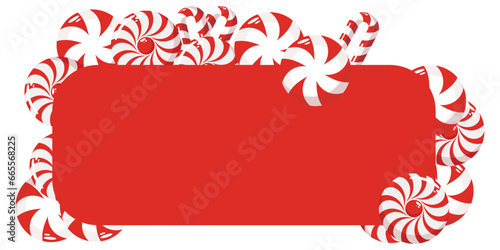 The border is a sweet Christmas candy. Lollipop on a stick. Festive sweetness. Caramel candies. Sweet New Year's dessert.