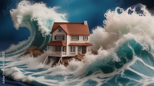 巨大な津波。パーフェクトストーム。 大波。住宅のミニチュア模型｜Huge tsunami. Perfect storm. Big waves. miniature house model. Generative AI