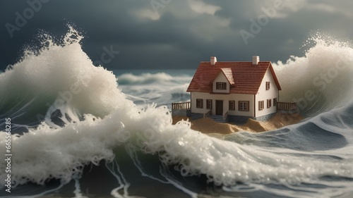 巨大な津波。パーフェクトストーム。 大波。住宅のミニチュア模型｜Huge tsunami. Perfect storm. Big waves. miniature house model. Generative AI
