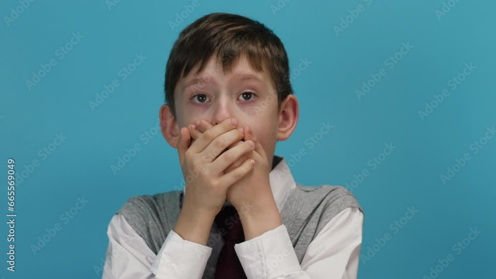 A surprised schoolboy covers his mouth with his hands. Little children, preschool boy, Kid back to school. A surprised schoolboy covers his mouth with his hands. Little children, preschool boy, Kid back to school.