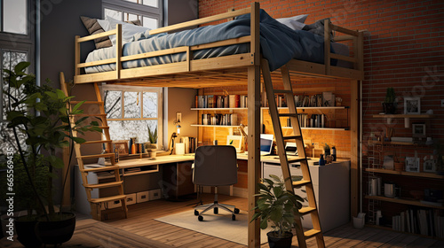 Space-saving elevated loft bed design, complete with a functional workspace underneath, ideal for compact urban living