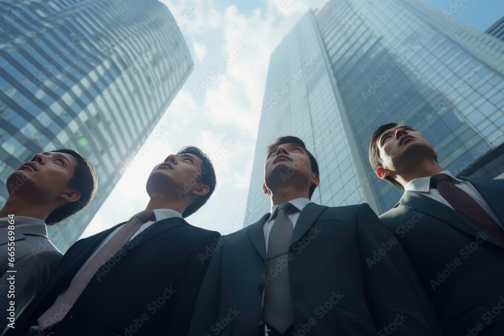 Group of Japanese businessmen, standing facing each other. in the background the financial district Group of Japanese businessmen, standing facing each other. in the background the financial district