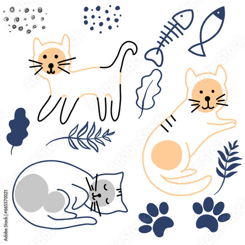 Cute collection of outline cats. Vector illustration.