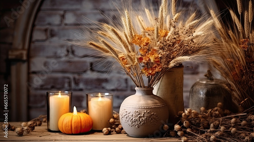 Vase with dried flowers and spikelets, pumpkins and candles. Autumn interior of a country chalet for Thanksgiving. © Ziyan Yang